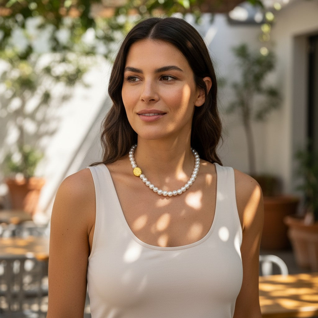 Χειροποίητο κολιέ με πέρλες και οβάλ πέτρα λάβας σε χρυσό χρώμα – Goldy Pearls Necklace – So Cute by Dimi