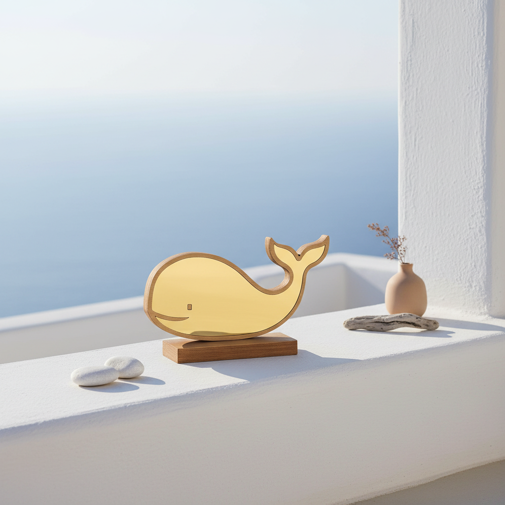 πιτραπέζιο διακοσμητικό φάλαινα από ξύλο με καθρέφτη gold  mirror σε κυκλαδίτικο σκηνικό– So Cute by Dimi