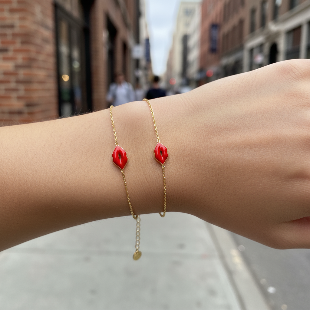 Ατσάλινο βραχιόλι Red Lips με κόκκινα χείλη από σμάλτο σε χρυσό και ασημί