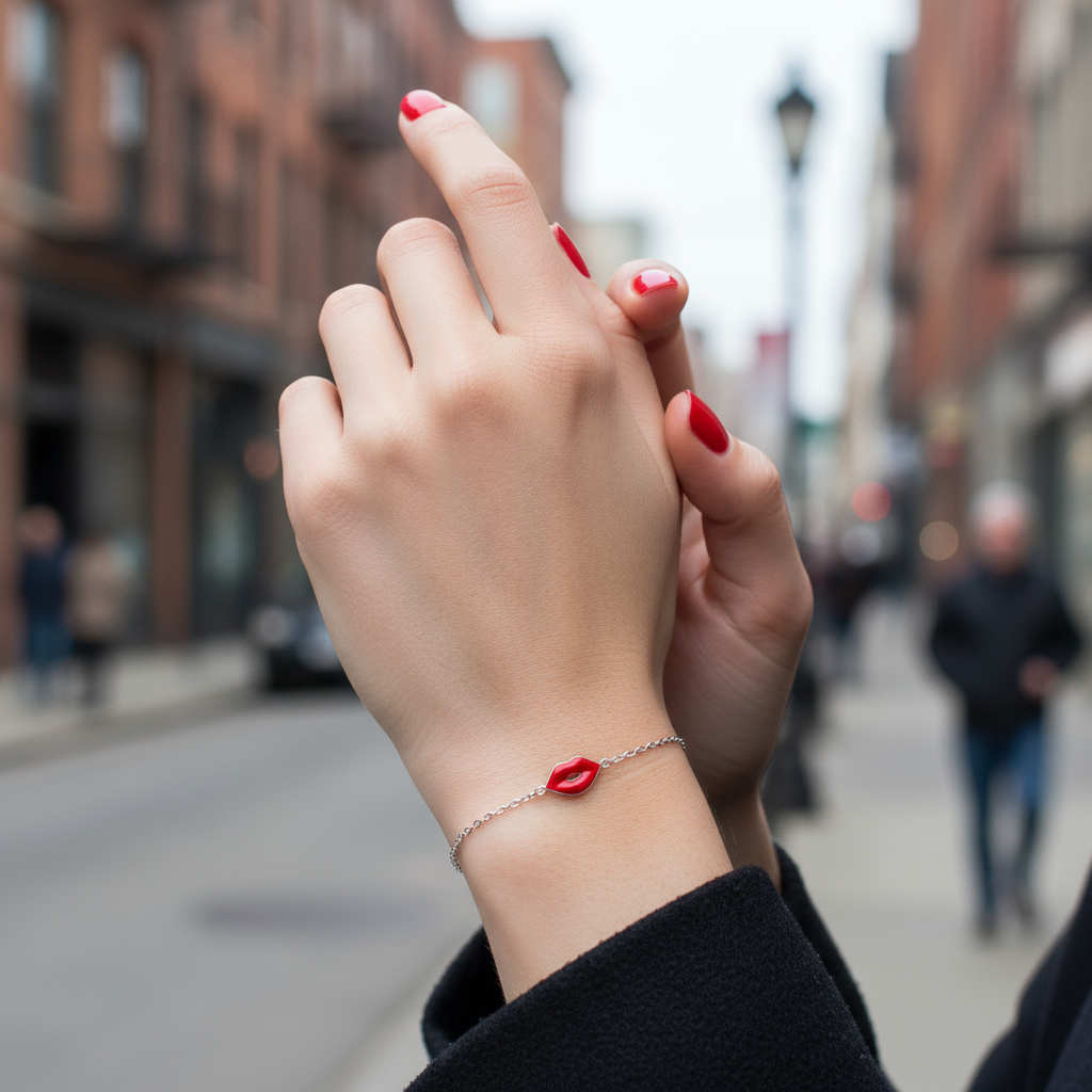 Ατσάλινο βραχιόλι Red Lips με κόκκινα χείλη από σμάλτο σε ασημί