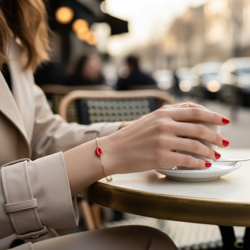 Ατσάλινο βραχιόλι Red Lips με κόκκινα χείλη από σμάλτο σε χρυσό και ασημί