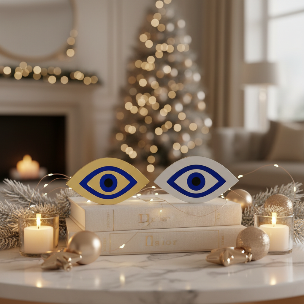 Χειροποίητο γούρι μάτι plexiglass καθρέφτης χρυσό και ασημί με μπλε ίριδα – So Cute by Dimi