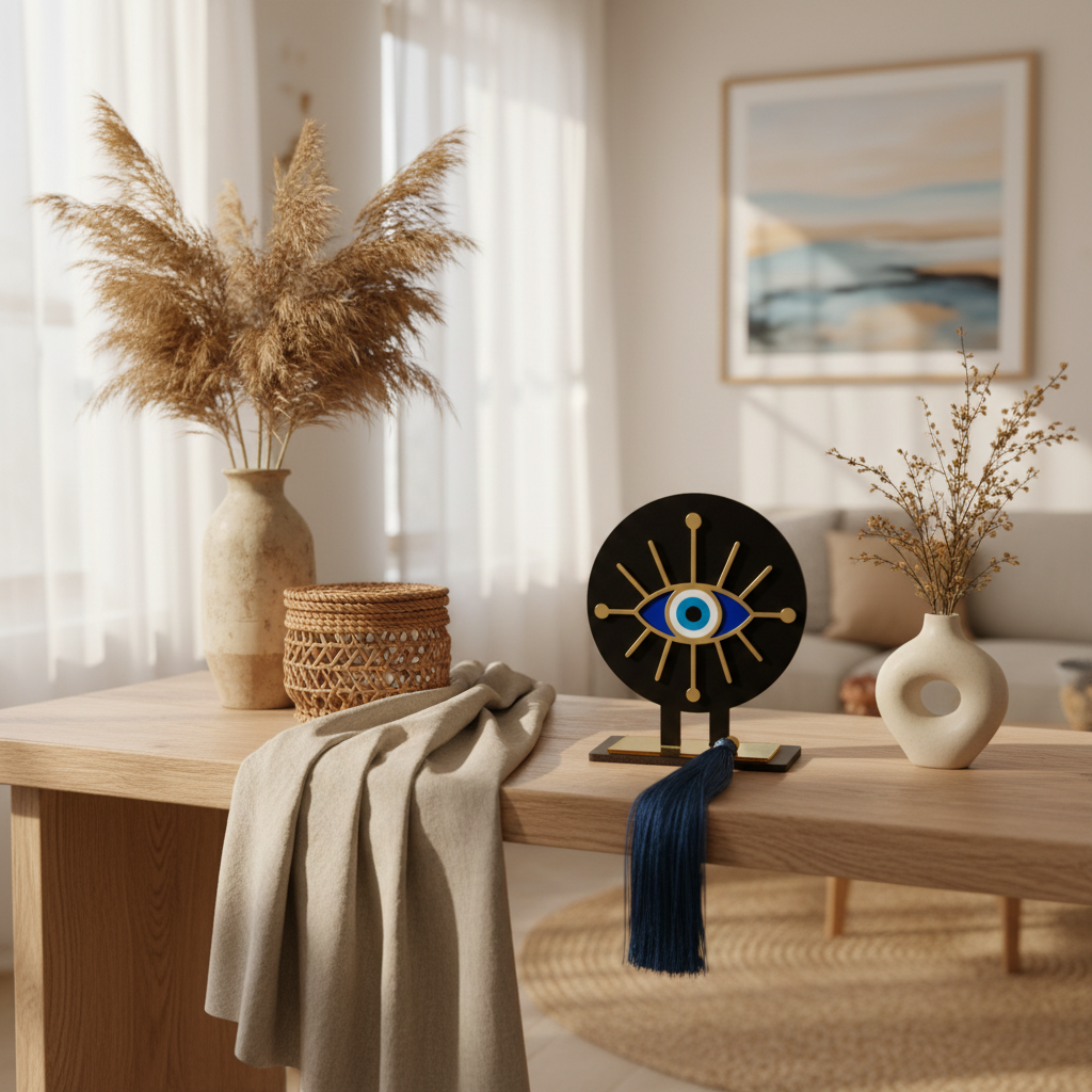 Ethnic Eye γούρι, επιτραπέζιο χειροποίητο ξύλινο με έθνικ μάτι plexiglass, ακτίνες & μπλε φούντα – So Cute by Dimi