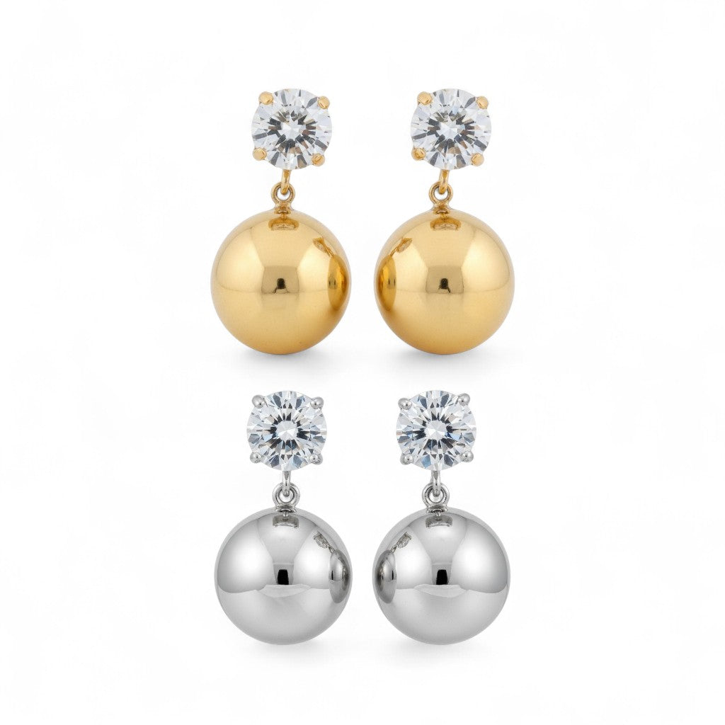 Ατσάλινα Σκουλαρίκια με Ζιργκόν & Στρογγυλή Μεταλλική Σφαίρα | So Cute By Dimi