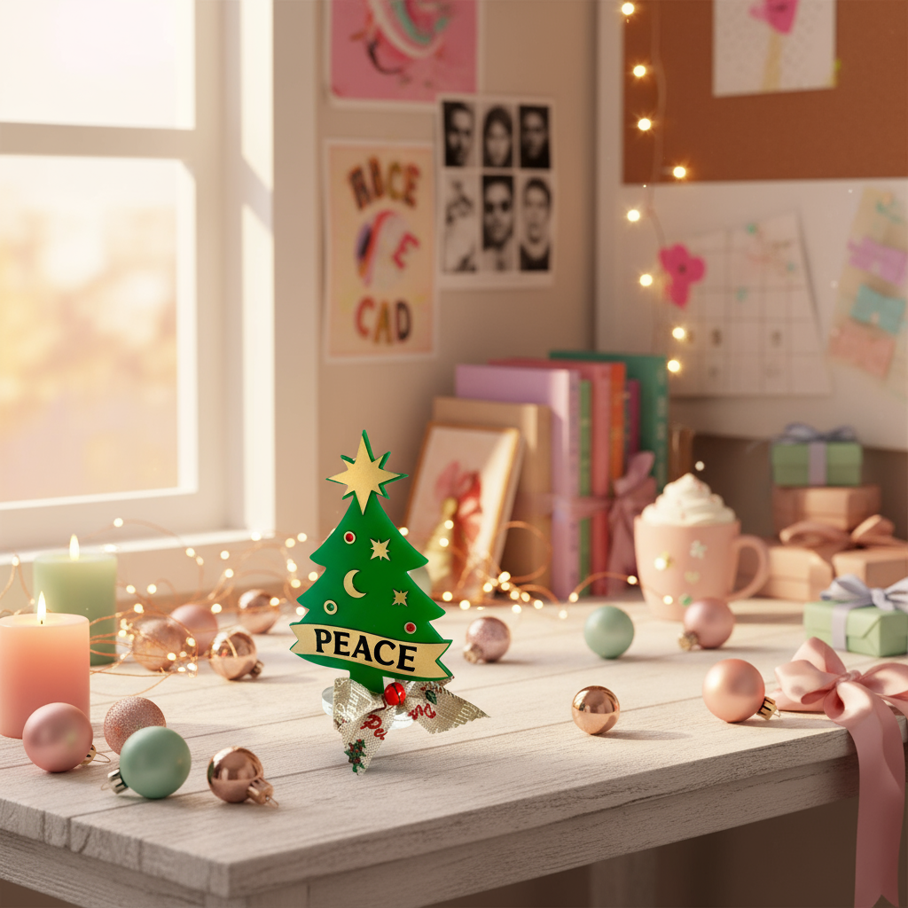 Επιτραπέζιο γούρι Christmas Pop Peace Tree από plexiglass σε σχήμα δέντρου με banner PEACE – So Cute by Dimi