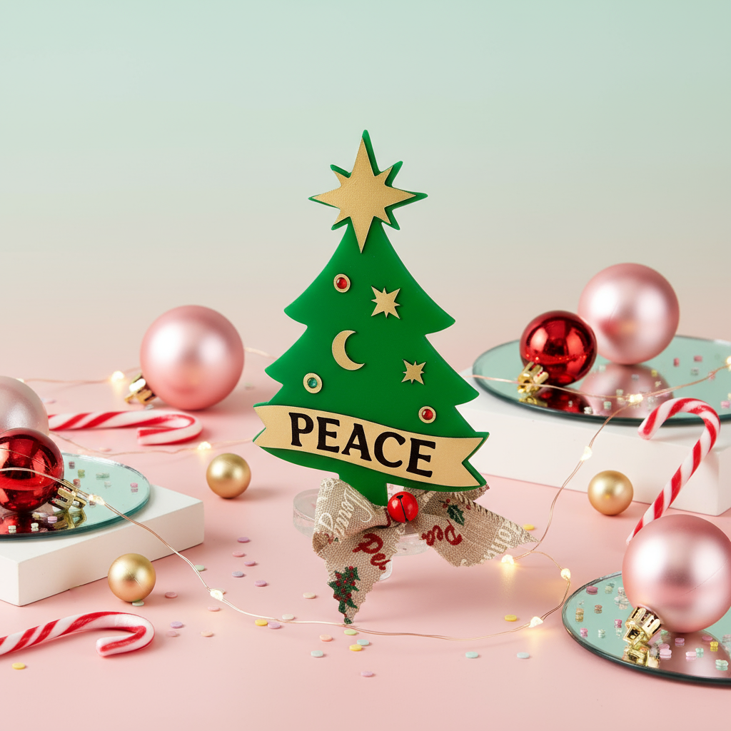 Επιτραπέζιο γούρι Christmas Pop Peace Tree από plexiglass σε σχήμα δέντρου με banner PEACE – So Cute by Dimi