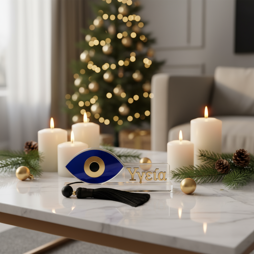 Επιτραπέζιο γούρι Μάτι με ευχή Υγεία, plexiglass μπλε & χρυσό με χάντρες και φούντα – συλλογή Greek Wishes