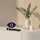 Επιτραπέζιο γούρι Μάτι με ευχή Υγεία, plexiglass μπλε & χρυσό με χάντρες και φούντα – συλλογή Greek Wishes