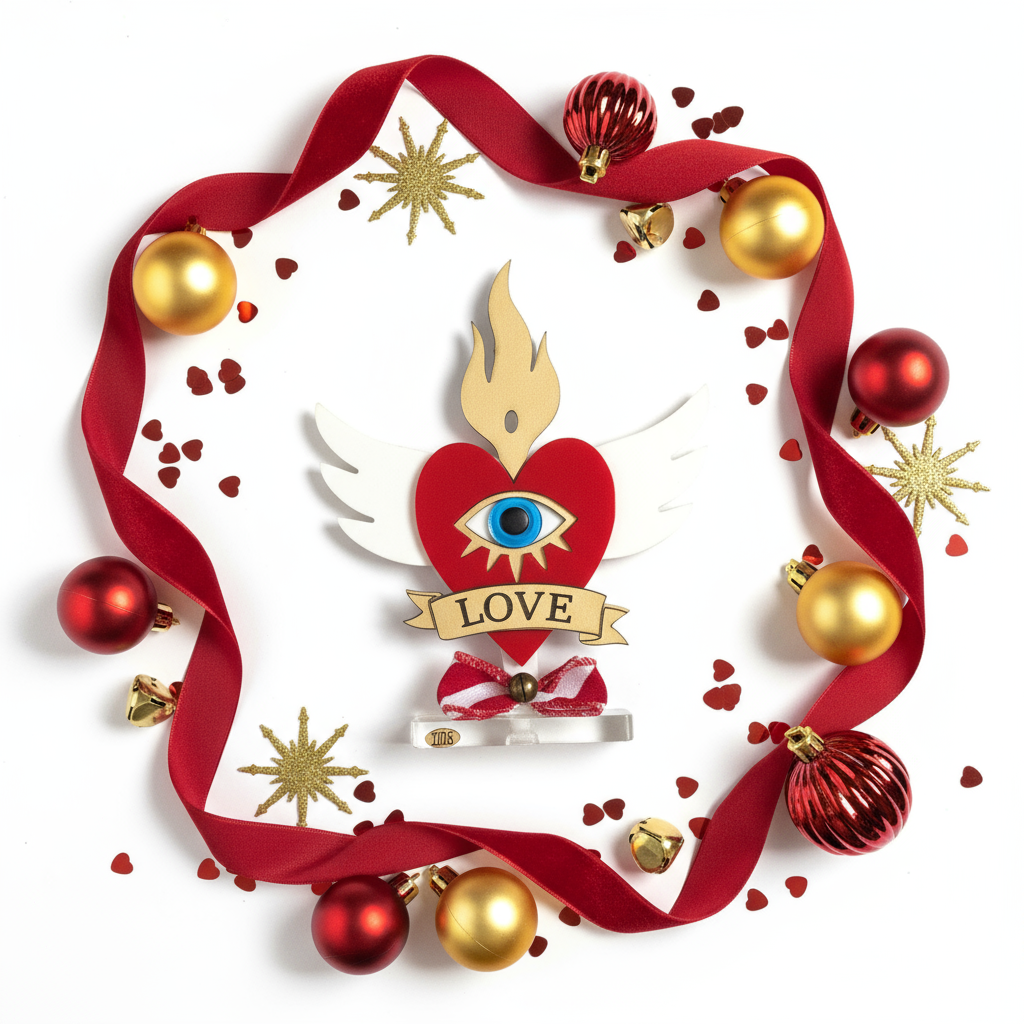Επιτραπέζιο γούρι Christmas Pop Love Heart από plexiglass με μάτι, φλόγα, φτερά & banner LOVE – So Cute by Dimi