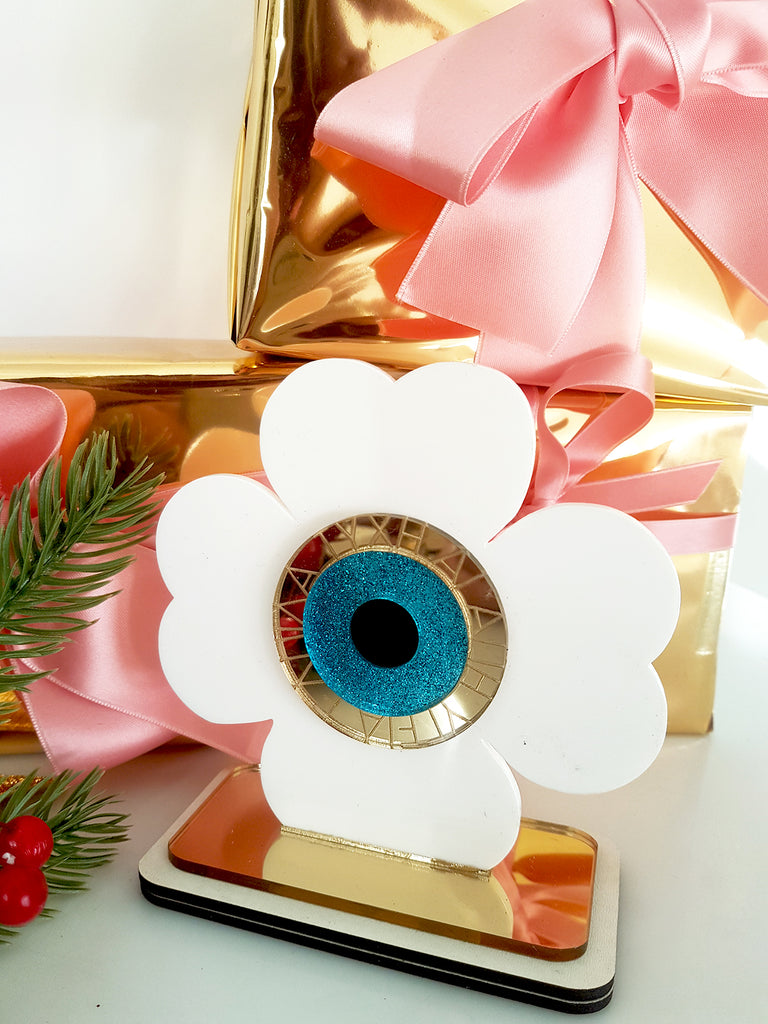 Επιτραπέζιο γούρι λουλούδι με μάτι και χάραξη ευχές - So Cute by Dimi