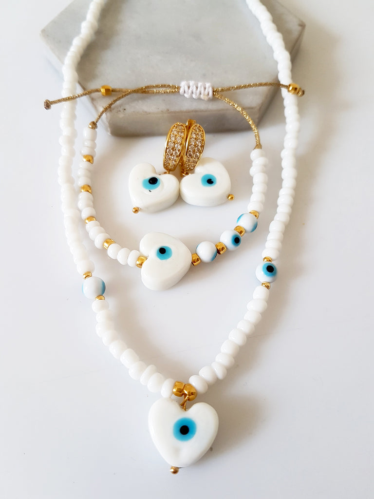 Σκουλαρίκια κρίκος με ζιργκόν και lampwork καρδιά με μάτι - So Cute by Dimi