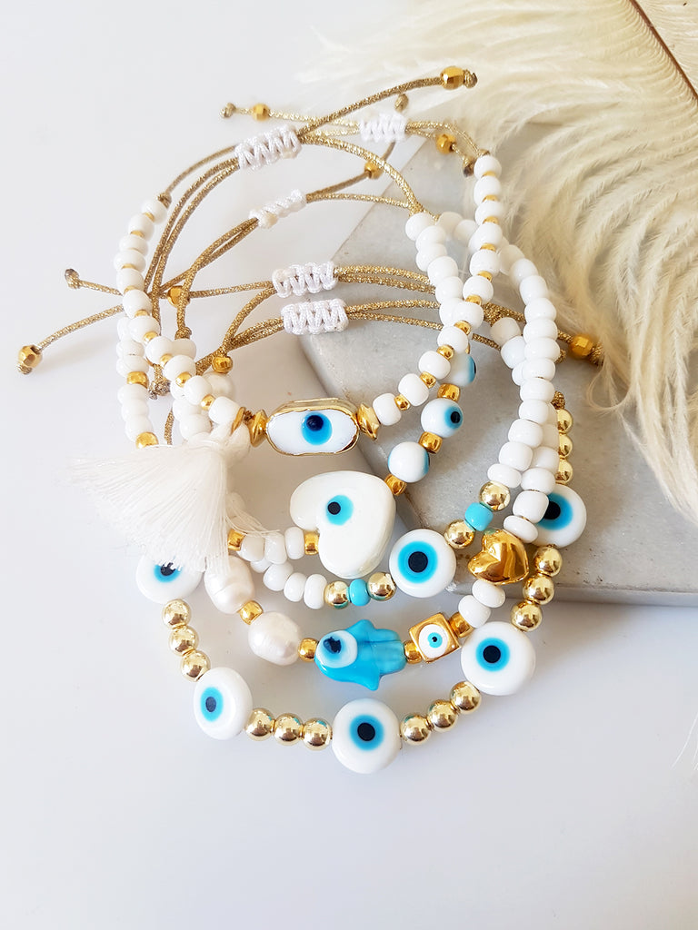 Βραχιόλι με φυσικές πέρλες και lampwork χεράκι με μάτι - So Cute by Dimi