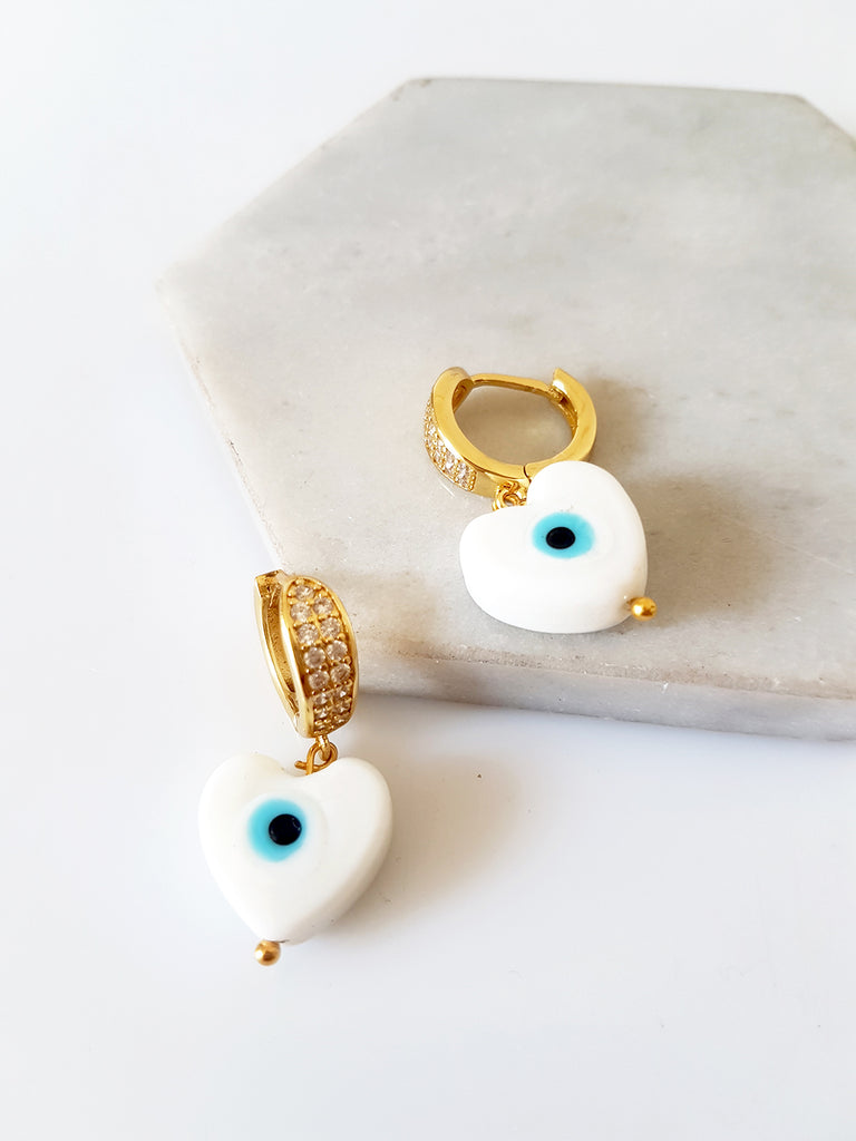 Σκουλαρίκια κρίκος με ζιργκόν και lampwork καρδιά με μάτι - So Cute by Dimi