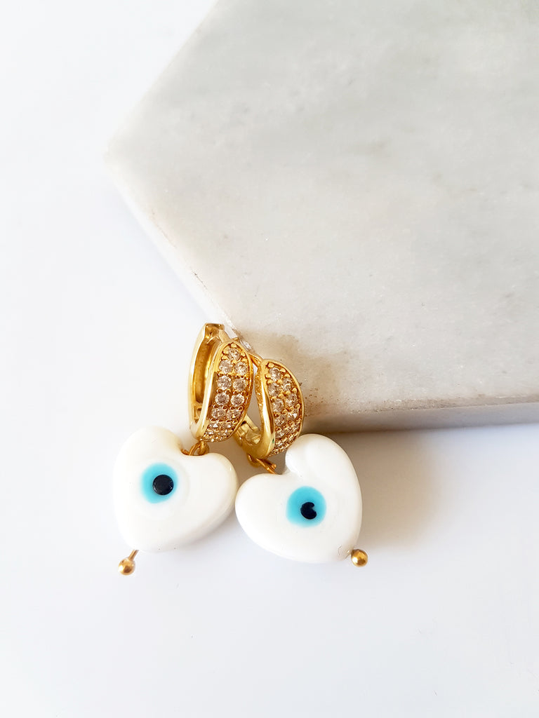 Σκουλαρίκια κρίκος με ζιργκόν και lampwork καρδιά με μάτι - So Cute by Dimi