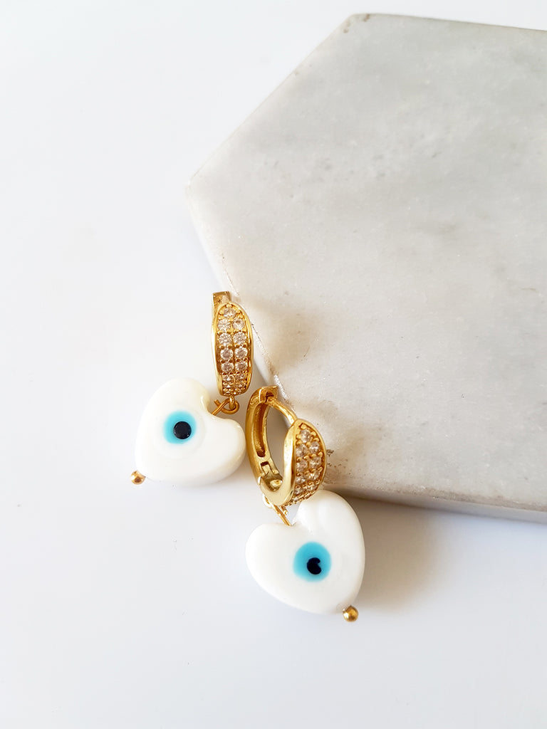 Σκουλαρίκια κρίκος με ζιργκόν και lampwork καρδιά με μάτι - So Cute by Dimi