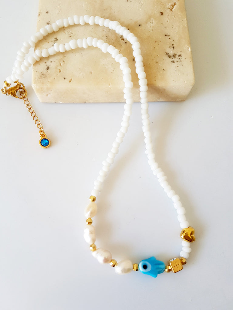 Κολιέ με φυσικές πέρλες και lampwork χεράκι με μάτι - So Cute by Dimi