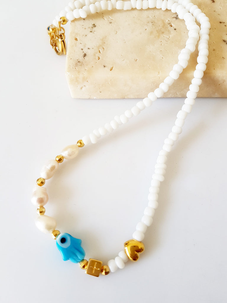 Κολιέ με φυσικές πέρλες και lampwork χεράκι με μάτι - So Cute by Dimi