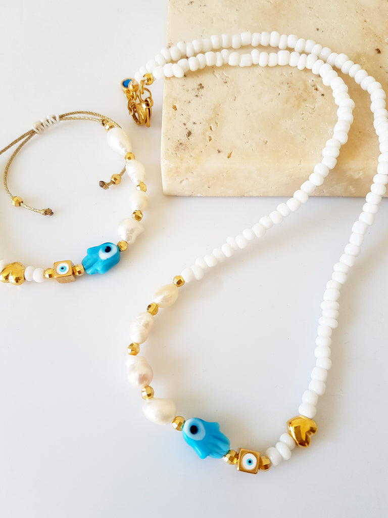 Κολιέ με φυσικές πέρλες και lampwork χεράκι με μάτι - So Cute by Dimi
