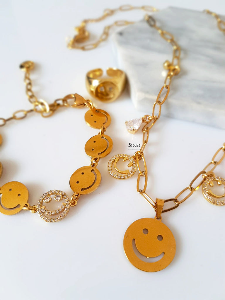 Ατσάλινο κολιέ με κρεμαστά emojis και ζιργκόν - So Cute by Dimi